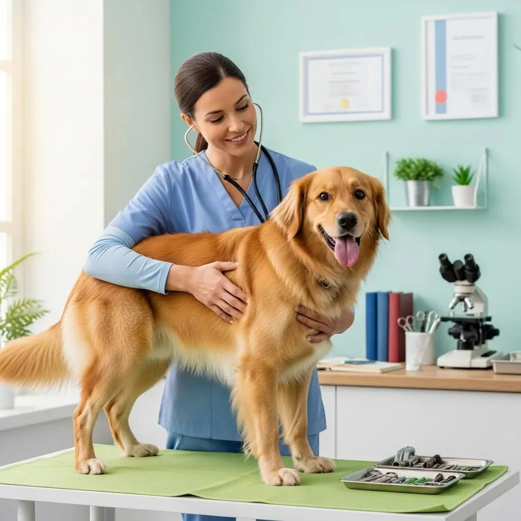 Veterinarian gently examining a happy dog at Gregory Veterinary Clinic
