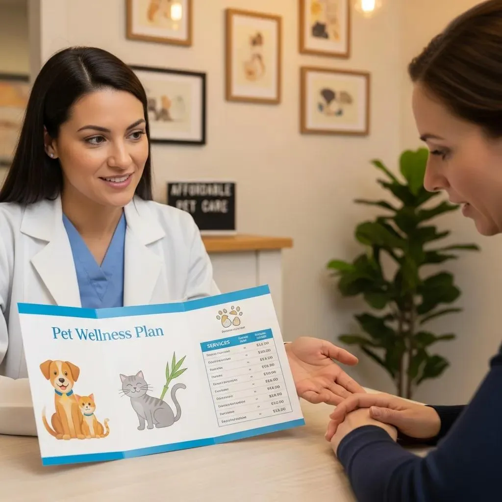 Pet owner and veterinarian reviewing an affordable Care Plan (wellness plan) together