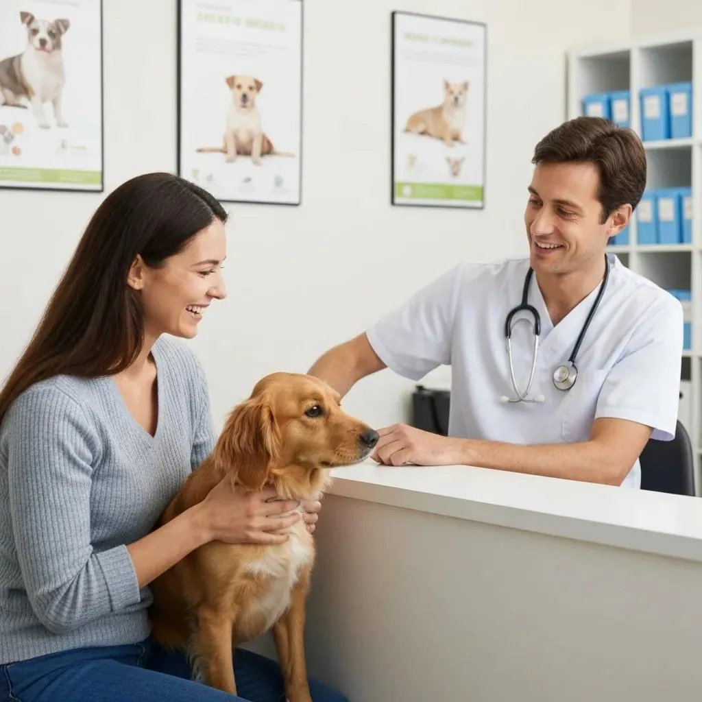 A friendly veterinarian and pet owner talking in a warm Carrollwood clinic — affordable pet care options