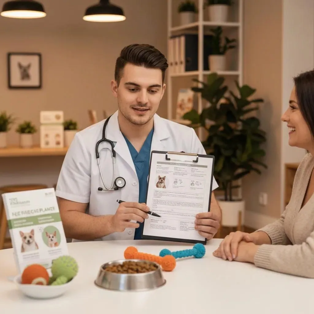 Veterinarian talking through a care plan with a pet owner in a bright clinic exam room