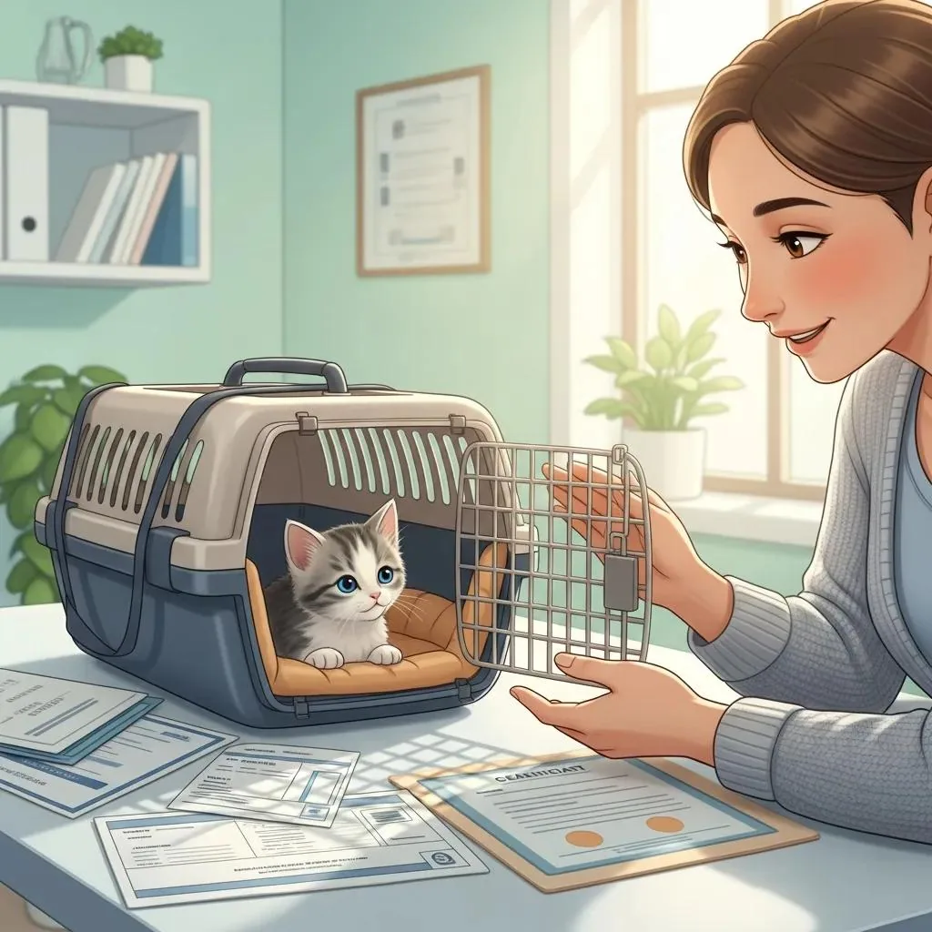 Kitten in carrier with shot records, ready for an appointment at Gregory Veterinary Clinic