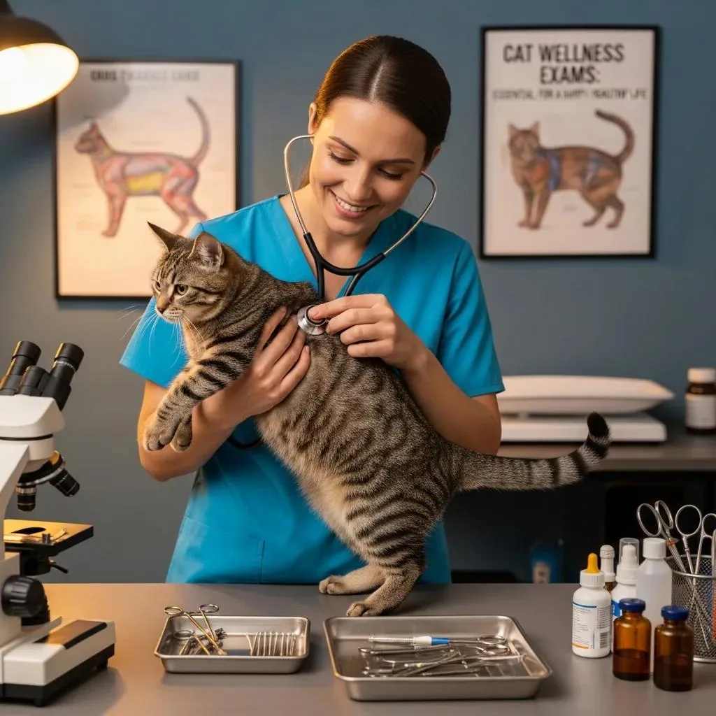 Cat being examined by a veterinarian in a cozy clinic, highlighting the importance of wellness exams