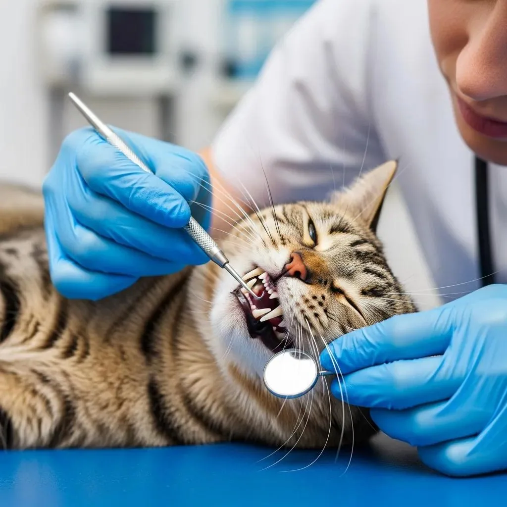 Veterinarian examining a cat's teeth during a wellness exam, emphasizing dental health assessments