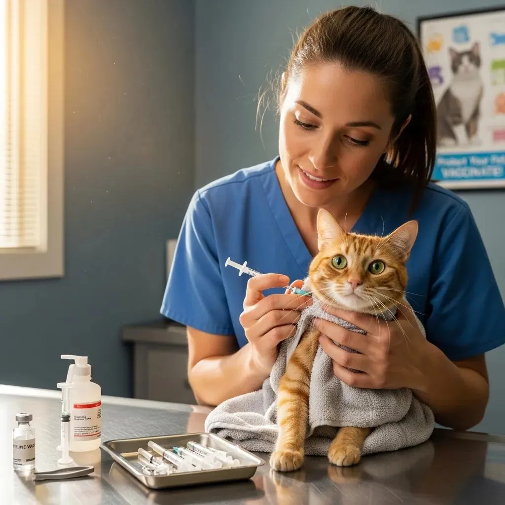 Veterinarian administering a vaccination to a cat, illustrating the vaccination process during wellness exams