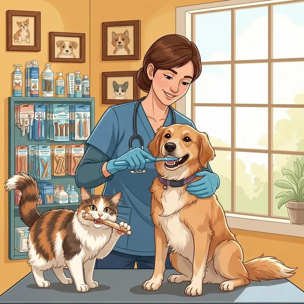 Happy dog and cat receiving dental care at a veterinary clinic, highlighting the importance of pet dental health