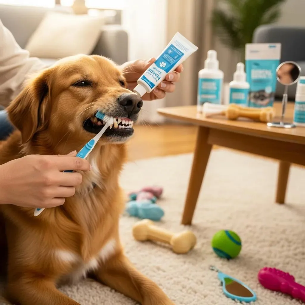 Pet owner brushing dog's teeth at home, illustrating preventive care for pet dental health