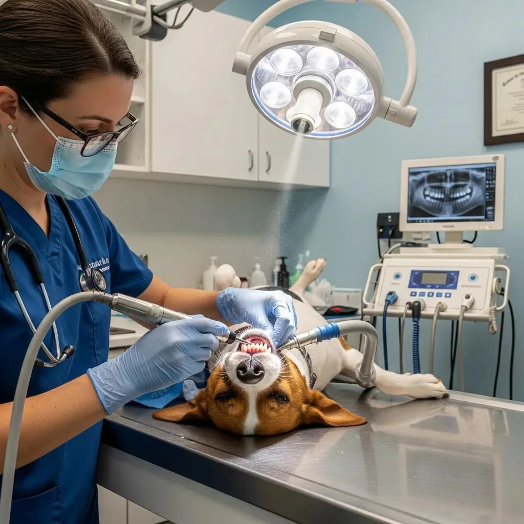 Veterinarian performing a dental cleaning on a dog, showcasing professional pet dental services