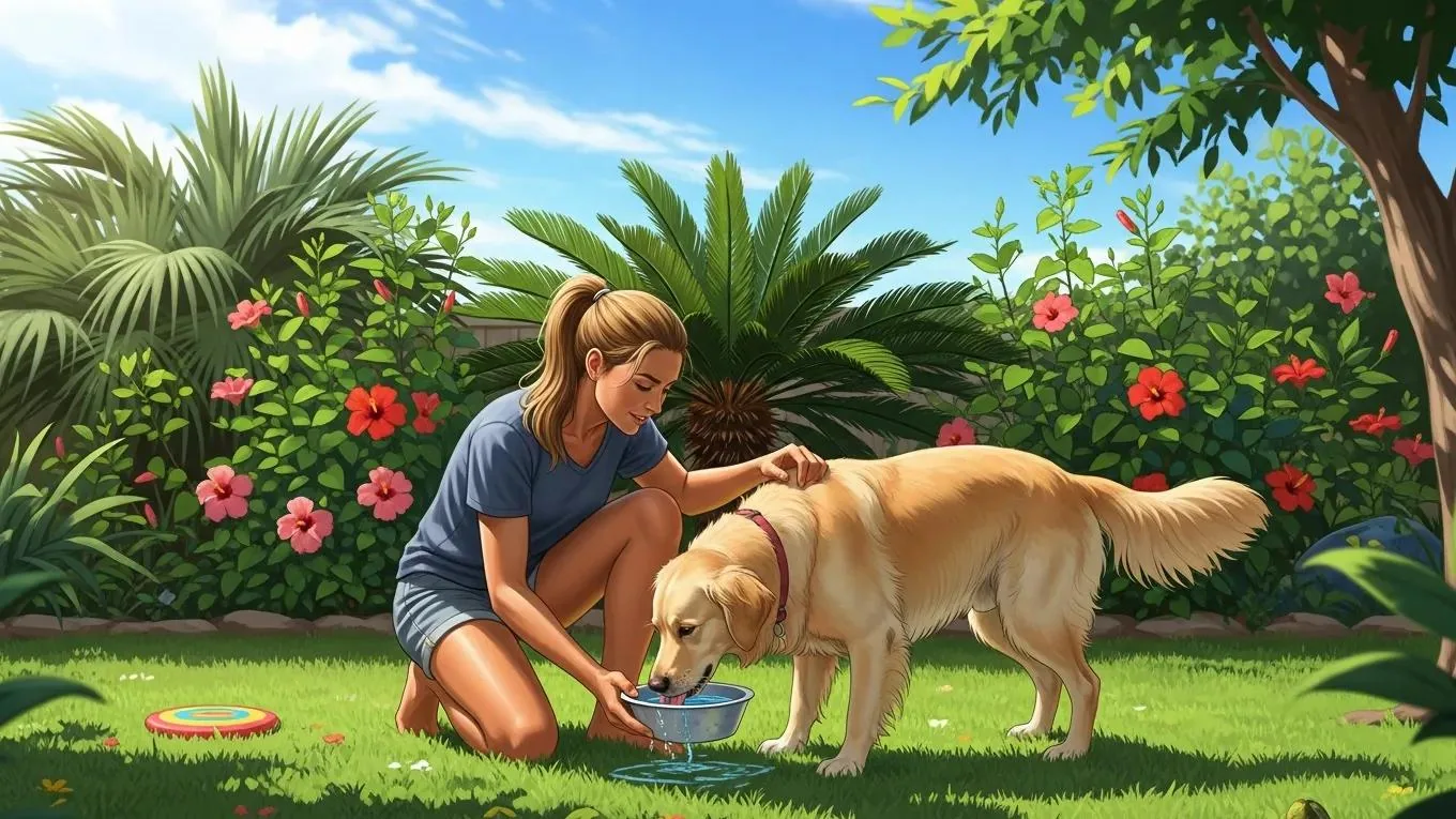 Pet owner ensuring dog safety in a sunny Florida backyard during summer heat
