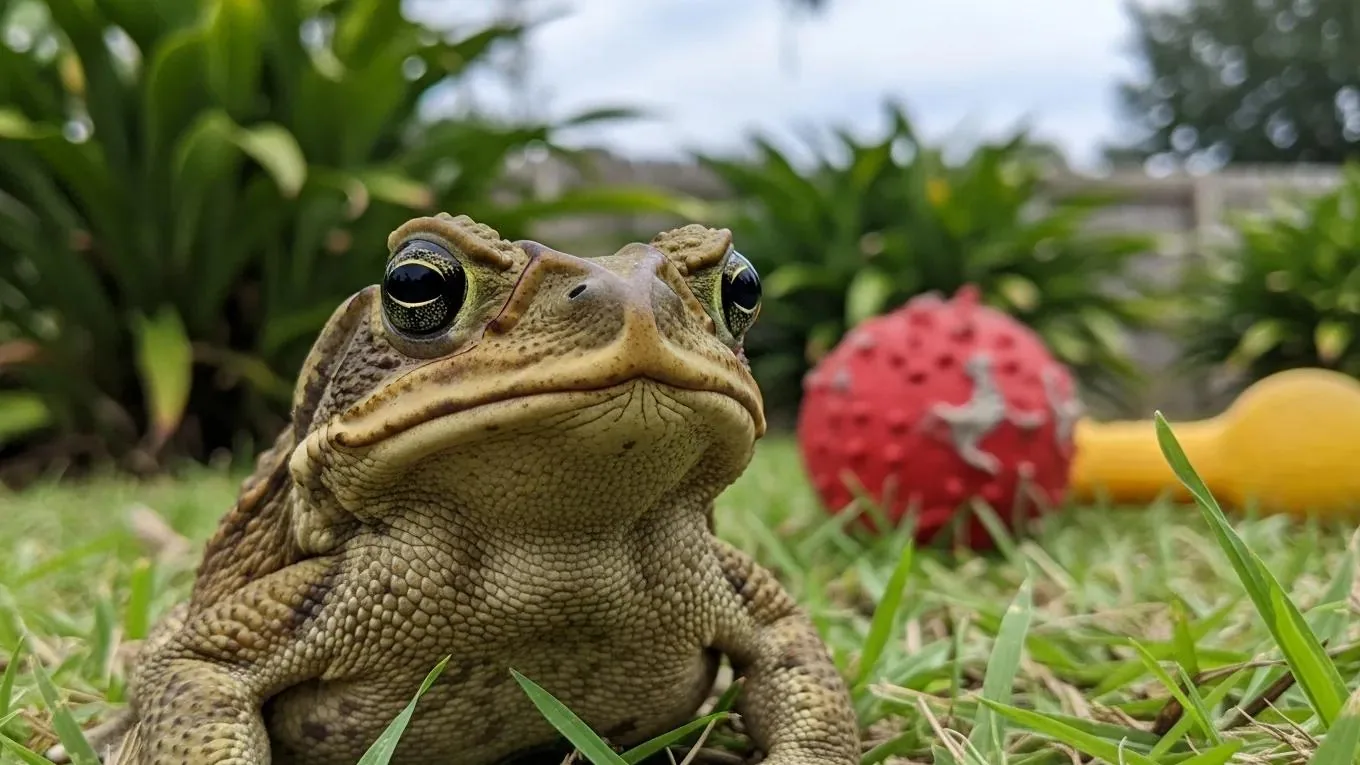Close-up of a Bufo toad in a Carrollwood backyard, highlighting pet dangers