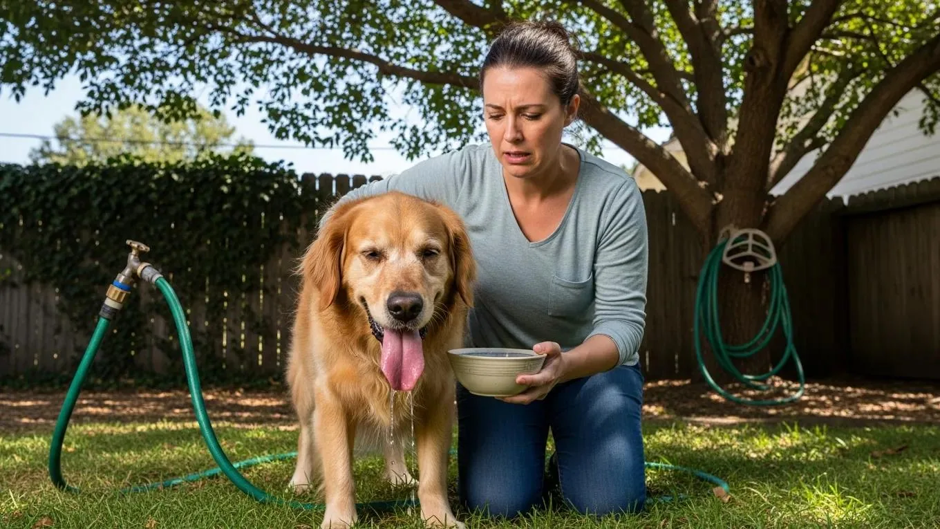 Pet owner attending to a dog showing signs of heat stroke in a shaded backyard