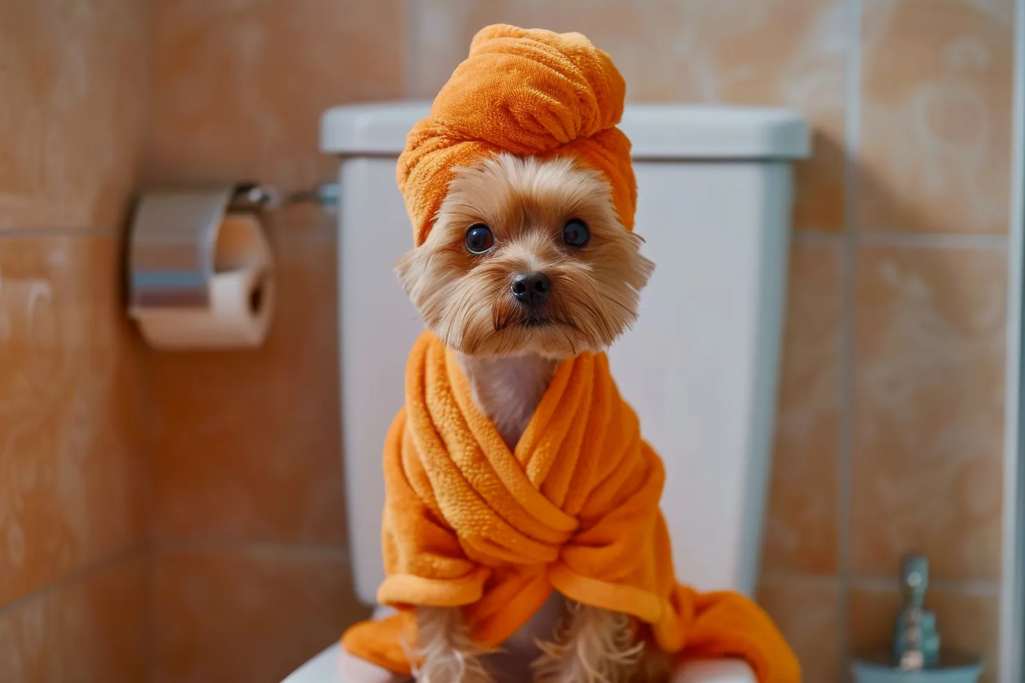 A dog sitting on the toilet wrapped in a towel.