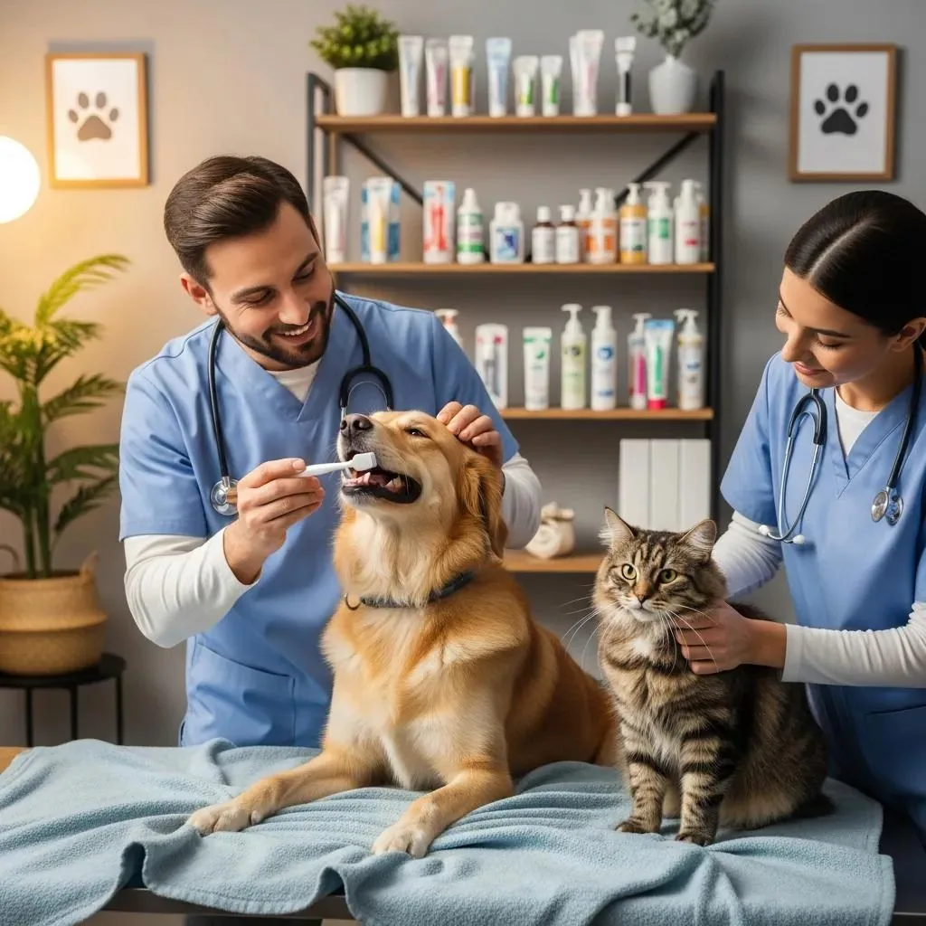 Dog and cat receiving gentle dental care at our clinic
