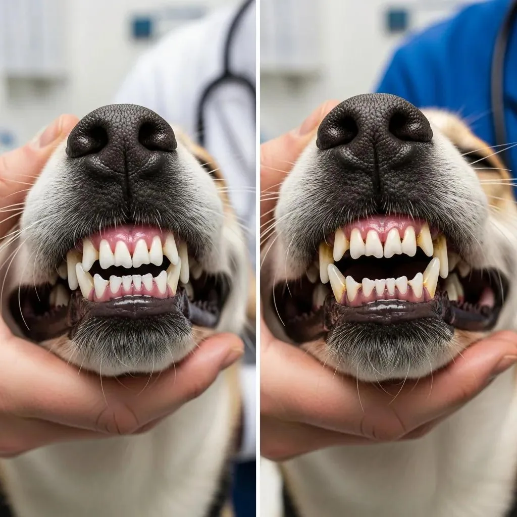 Side-by-side of healthy and unhealthy dog teeth for comparison
