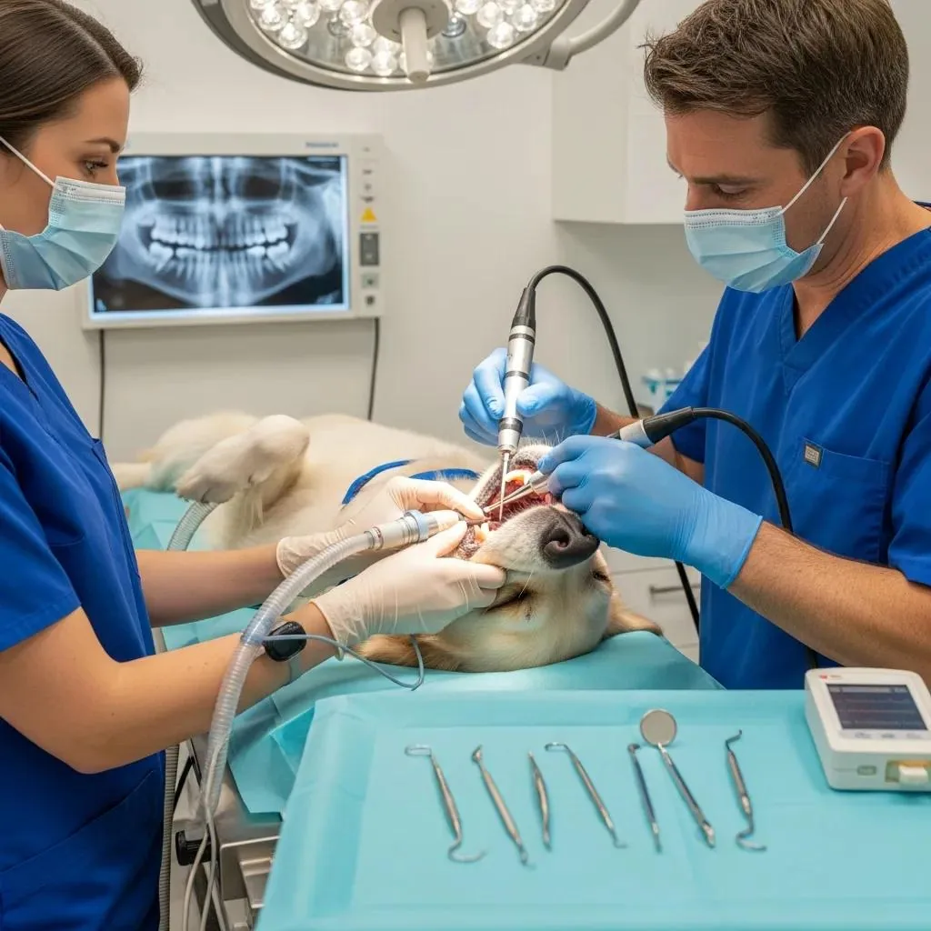 Veterinarian gently cleaning a dog's teeth in clinic