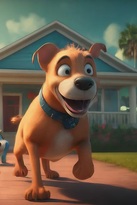 An animated dog running from home