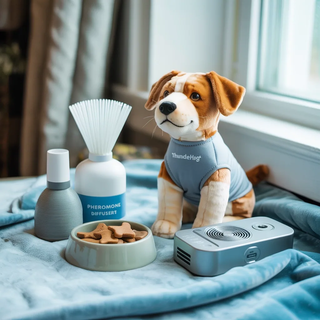Plush dog in blue vest beside pheromone diffuser, treats in bowl, and gray device on blue cloth, near a window. Cozy setting.