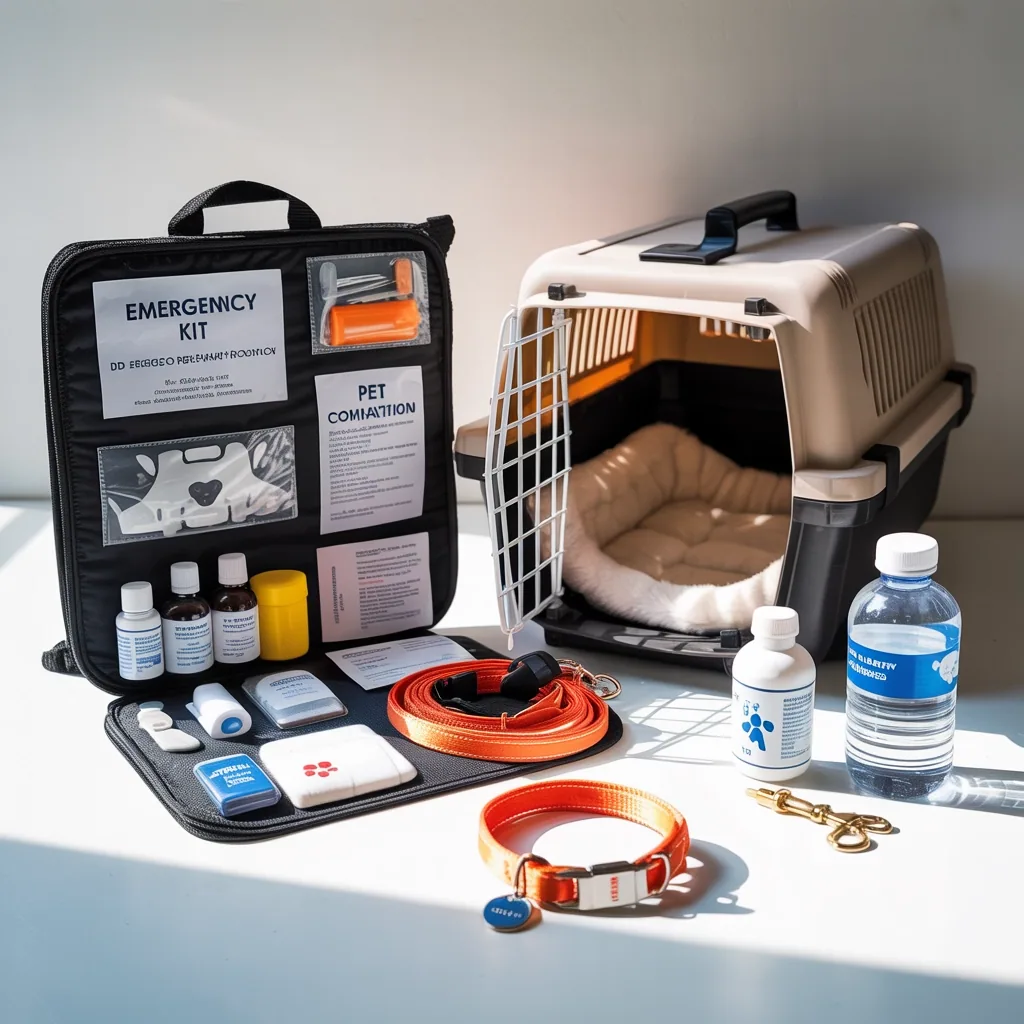 Pet travel kit with a beige carrier, medical supplies, orange leash, and collar on a white surface. Bottled water and modular pet items are visible.