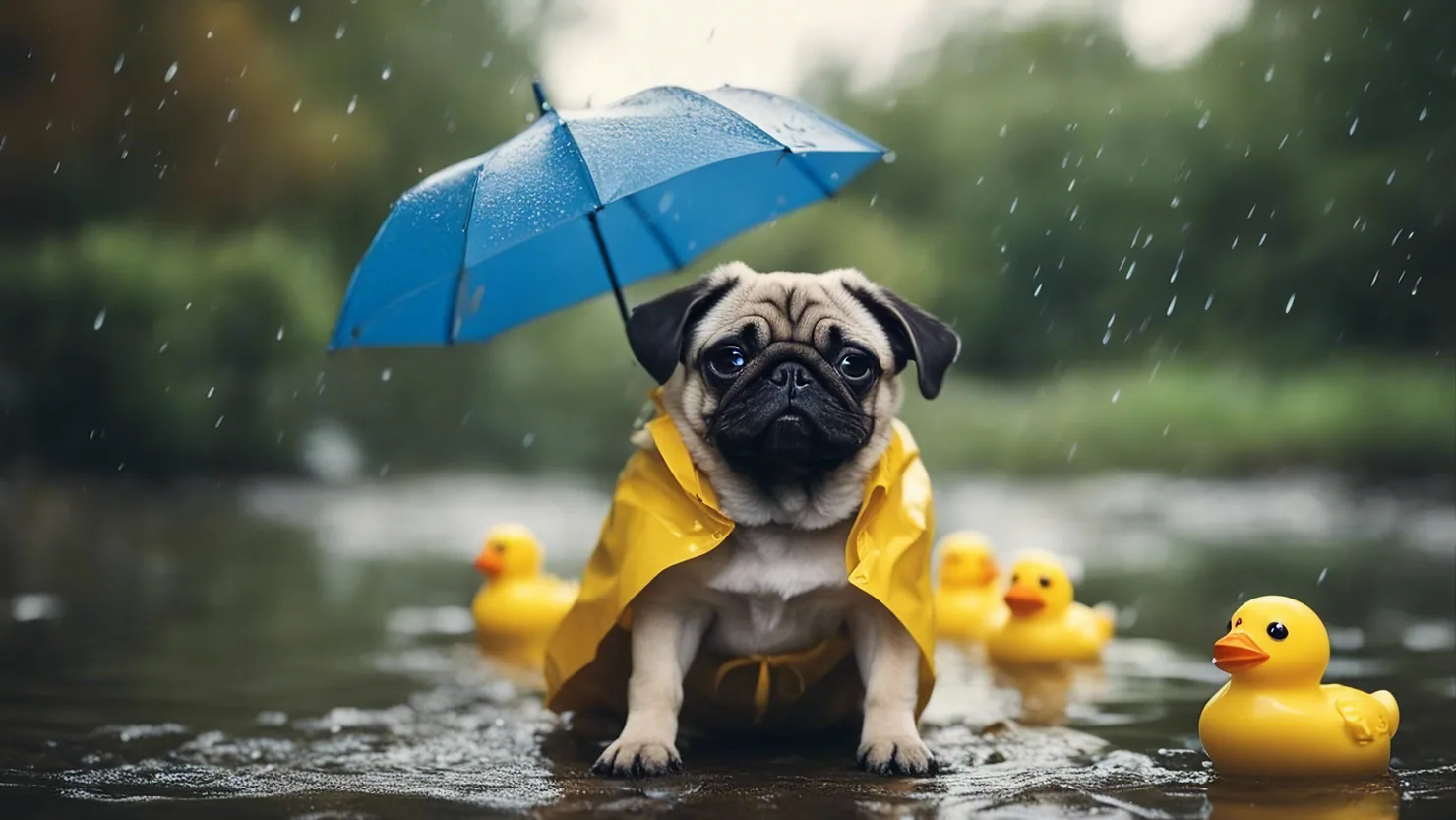 A pug in the rain
