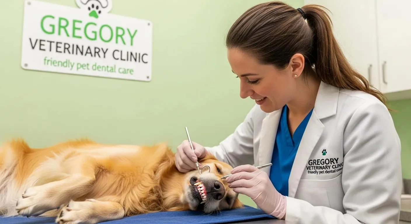 Veterinarian gently examining a dog's teeth at Gregory Veterinary Clinic — friendly pet dental care