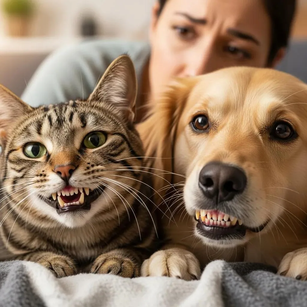 Close-up of a cat and dog mouths showing dental concerns — early detection matters