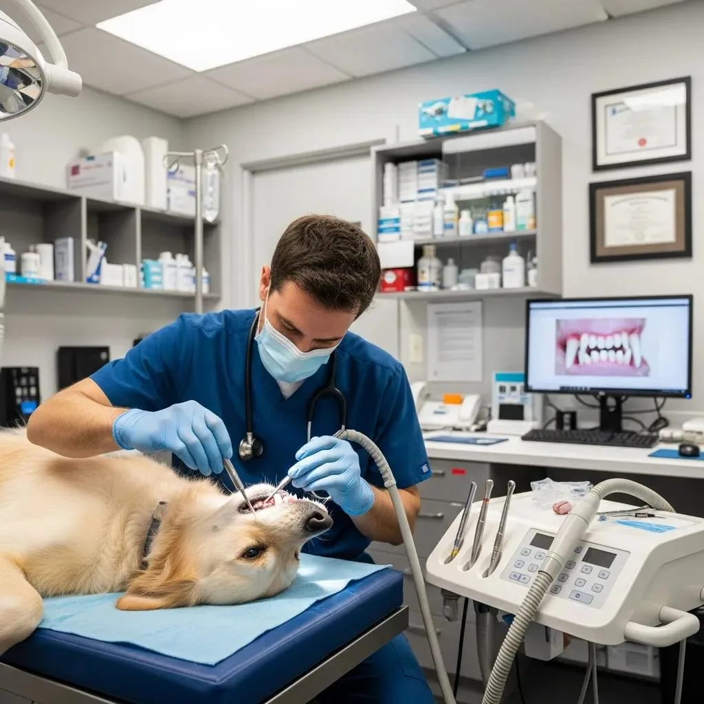 Veterinarian performing a dental cleaning on a dog at Gregory Veterinary Clinic — professional care in action