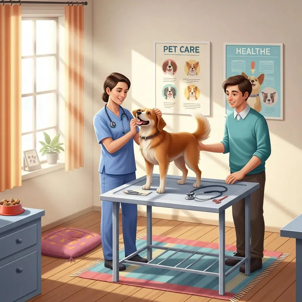 Veterinarian examining a happy dog in a welcoming clinic environment