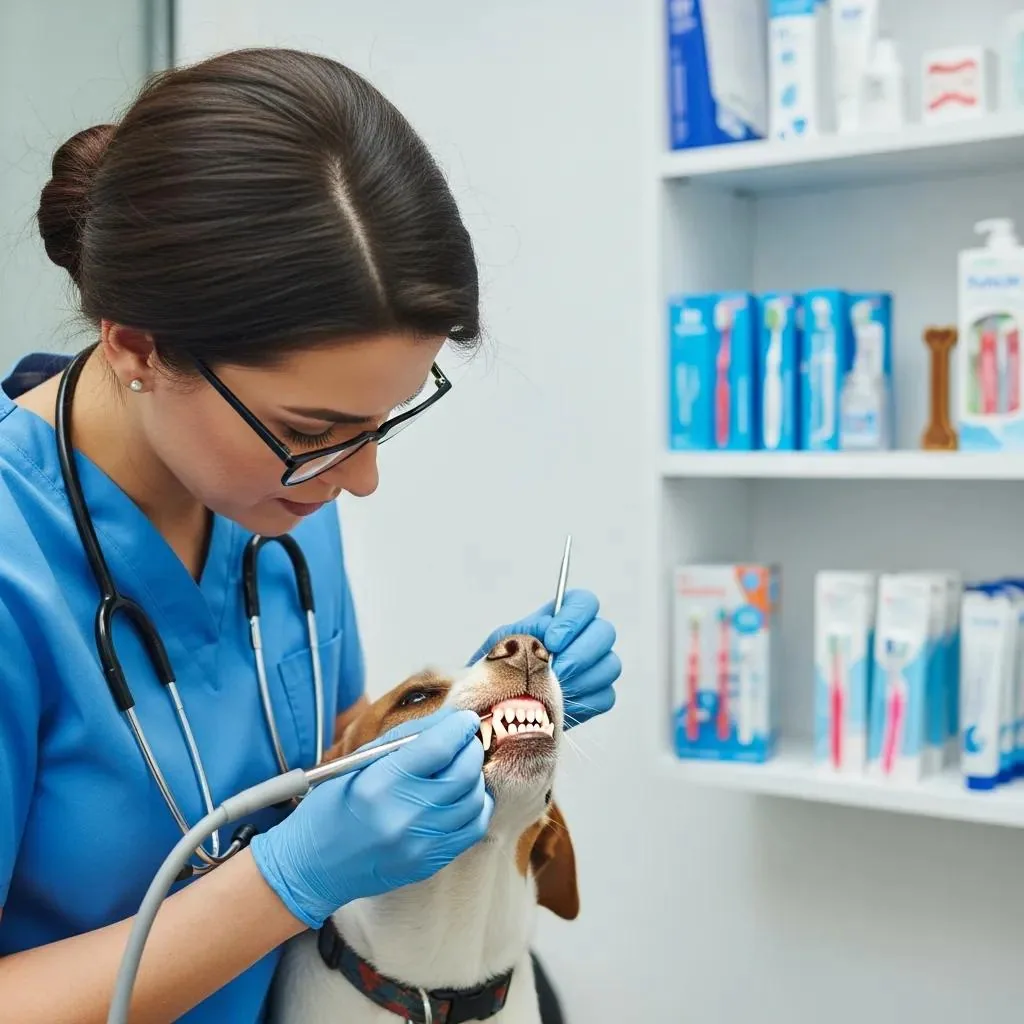 Veterinarian performing a dental check on a dog in a modern veterinary clinic