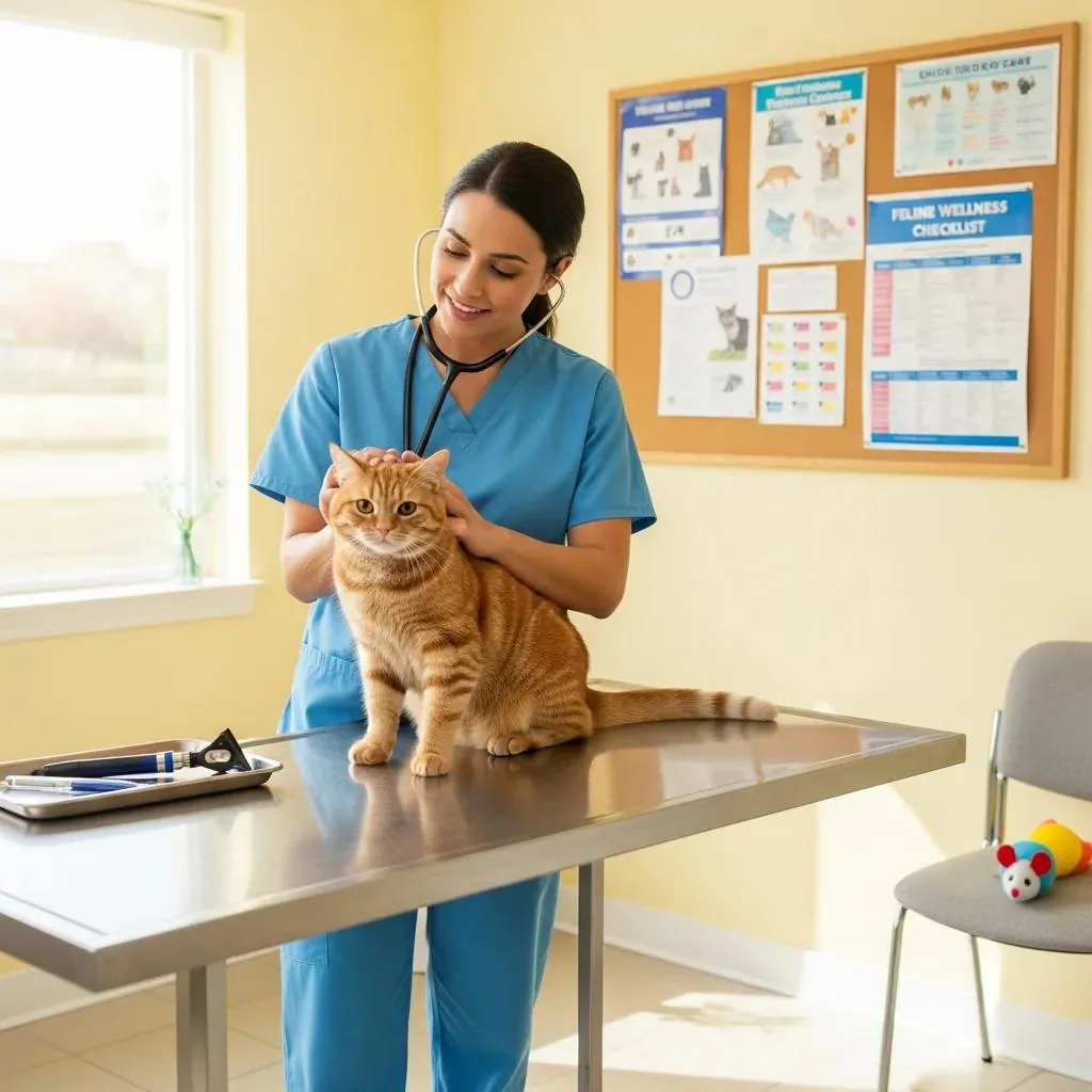 Veterinarian conducting a wellness exam on a cat in a veterinary clinic