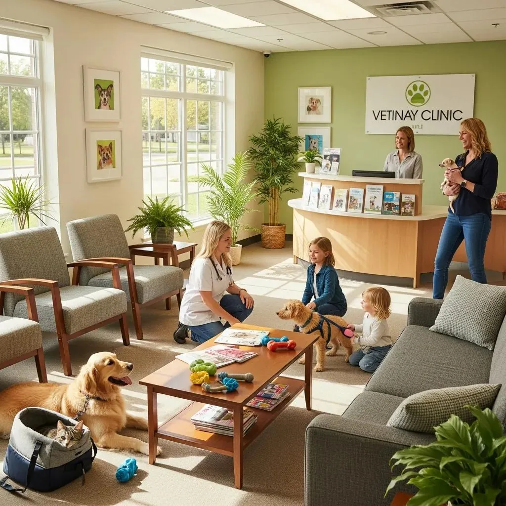 Warm clinic lobby with pets and owners — trusted, compassionate care in Carrollwood