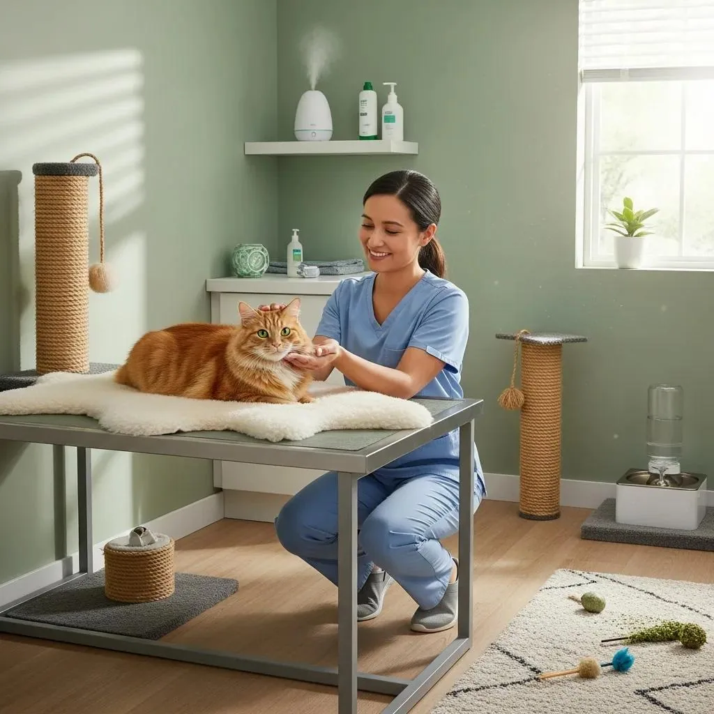 Quiet exam room set up for cats — low-stress handling and feline comfort prioritized