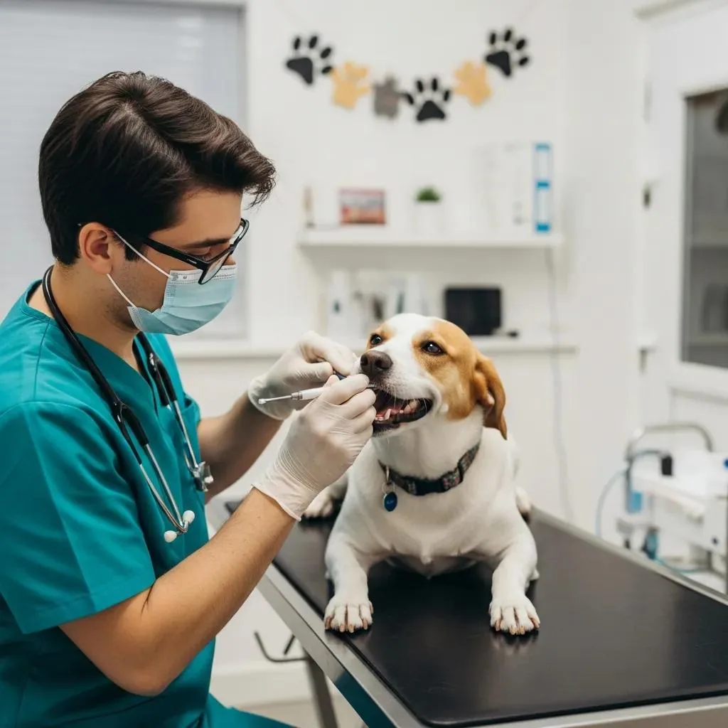 Happy dog receiving dental cleaning at a veterinary clinic, emphasizing the importance of pet dental health