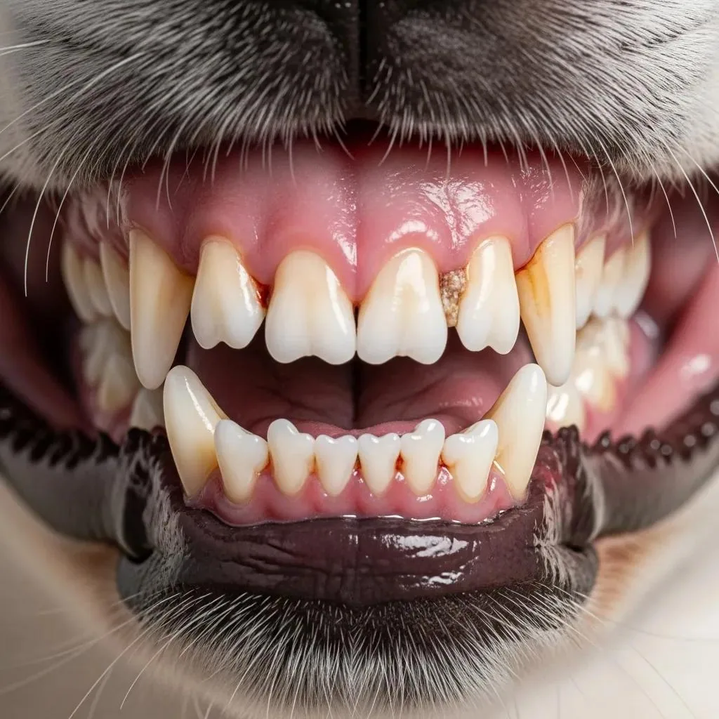 Close-up of dog's mouth showing healthy and inflamed gums, highlighting signs of dental problems
