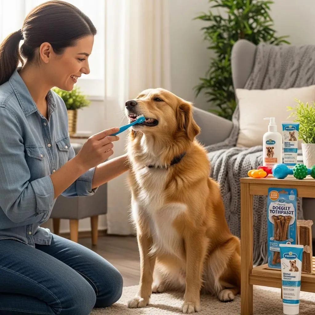 Pet owner brushing dog's teeth at home, showcasing effective at-home dental care practices